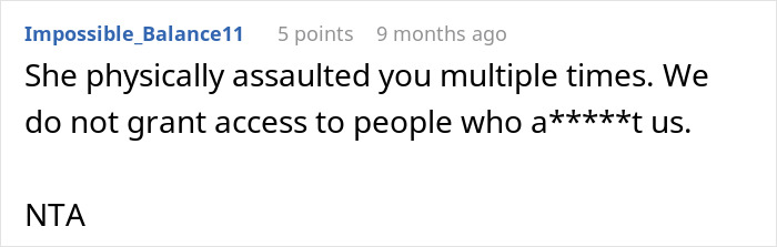 Screenshot of online comment explaining physical a*****t, related to pregnant woman going no-contact with sister after Thanksgiving disaster. Screenshot of online comment explaining physical a*****t, related to pregnant woman going no-contact with sister after Thanksgiving disaster.