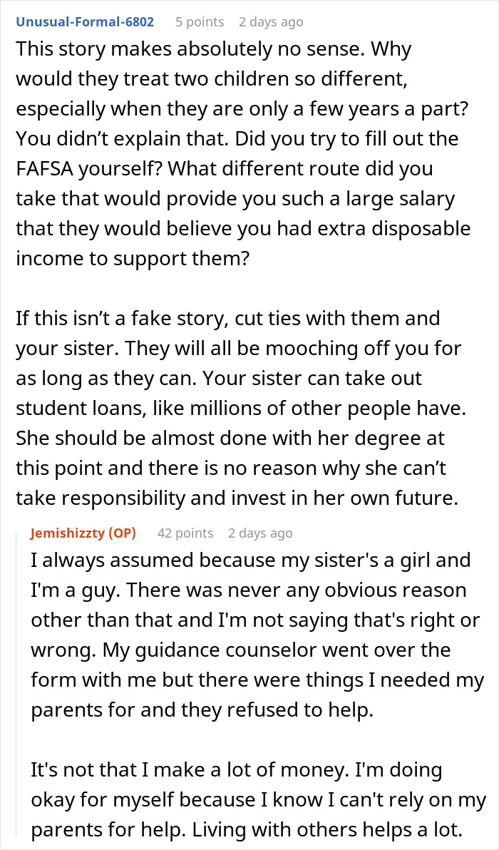 Reddit discussion about parents spoiling daughter, neglecting son, and financial struggles seeking help from son. Reddit discussion about parents spoiling daughter, neglecting son, and financial struggles seeking help from son.