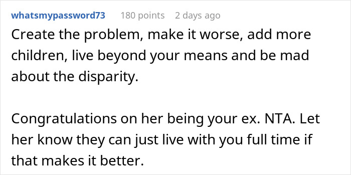 Screenshot of a comment criticizing a cheater wanting a rich ex to provide for her kids and trips for only the son. Screenshot of a comment criticizing a cheater wanting a rich ex to provide for her kids and trips for only the son.