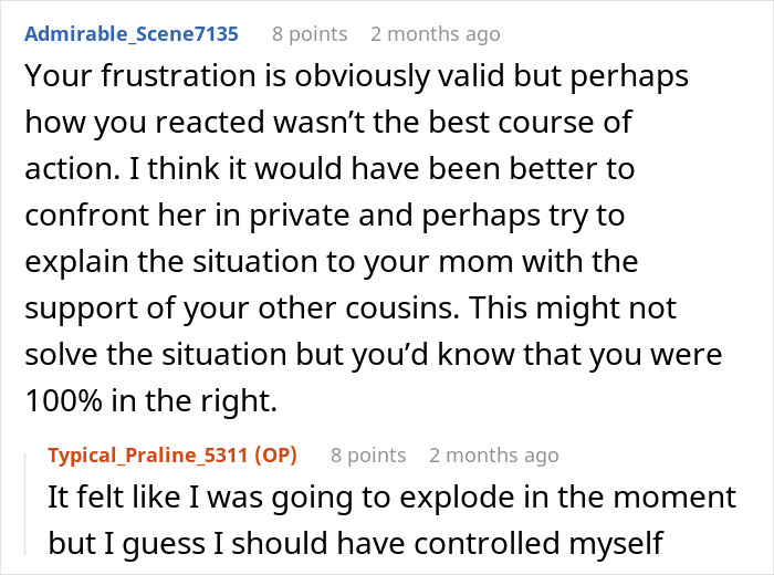 Teen loses patience as golden child cousin turns celebration into her own show during family event Teen loses patience as golden child cousin turns celebration into her own show during family event