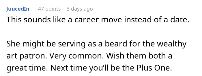 Screenshot of a forum comment discussing a woman going to a gala with a client as his date, causing relationship doubts. Screenshot of a forum comment discussing a woman going to a gala with a client as his date, causing relationship doubts.