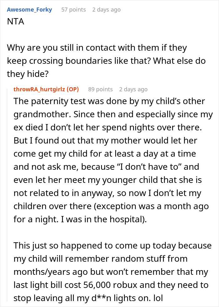 Conversation about nosy mother crossing a line with ancestry and paternity tests causing family boundary issues.