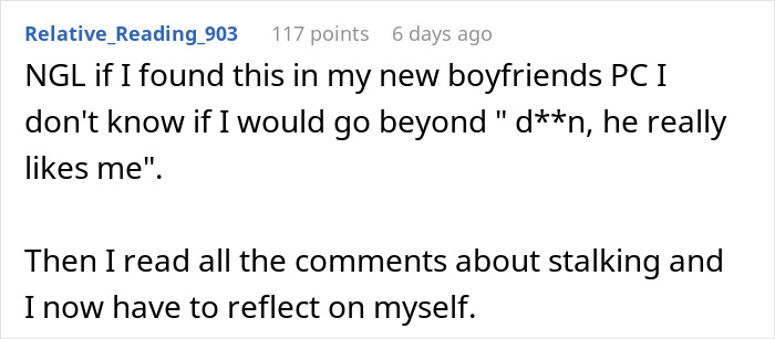 Screenshot of a Reddit comment discussing discovering hundreds of secret photos taken by a girlfriend after five weeks. Screenshot of a Reddit comment discussing discovering hundreds of secret photos taken by a girlfriend after five weeks.