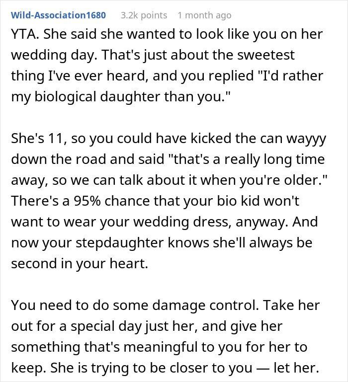 Text excerpt discussing a woman prioritizing her biological daughter over stepdaughters in heirloom decisions. Text excerpt discussing a woman prioritizing her biological daughter over stepdaughters in heirloom decisions.