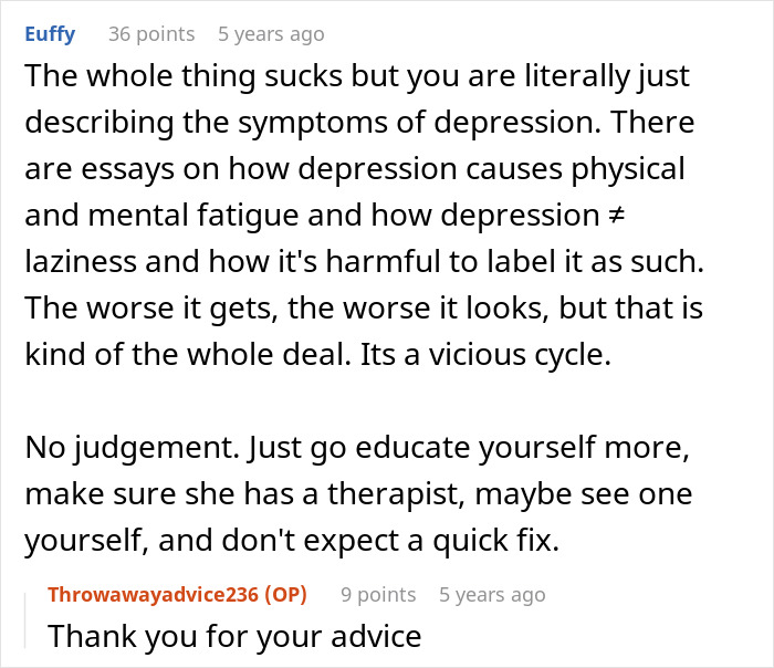 Screenshot of a Reddit comment discussing how depression symptoms differ from laziness and the harmful effects of labeling it as such. Screenshot of a Reddit comment discussing how depression symptoms differ from laziness and the harmful effects of labeling it as such.