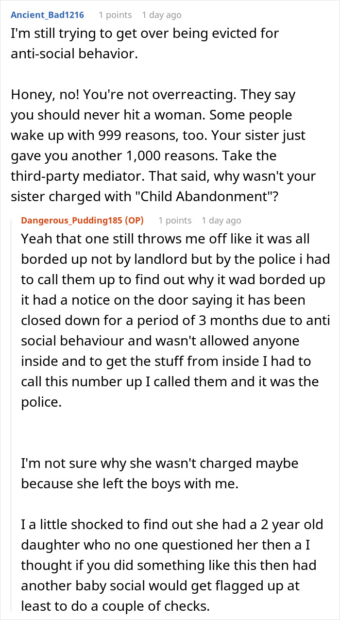 Text conversation about child abandonment and family conflict, discussing sister's role in raising kids and legal concerns. Text conversation about child abandonment and family conflict, discussing sister's role in raising kids and legal concerns.