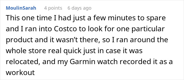 Comment about a woman sharing how Costco helped her lose 130 lbs, mentioning a Garmin watch tracking her workout. Comment about a woman sharing how Costco helped her lose 130 lbs, mentioning a Garmin watch tracking her workout.