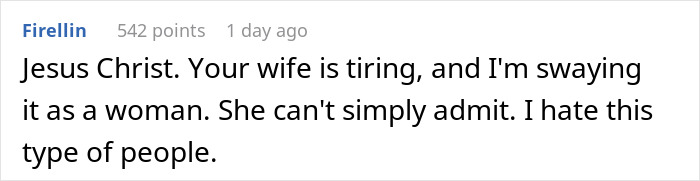 Screenshot of a comment discussing family drama after a man films his wife secretly to prove she eats all his fries.