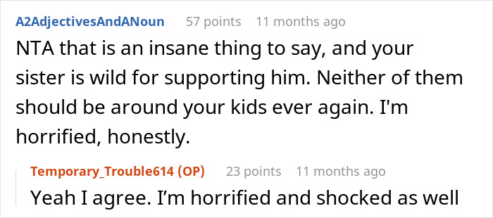 Screenshot of a Reddit conversation where users express being shocked and horrified by a man causing his BIL’s wife to cry.