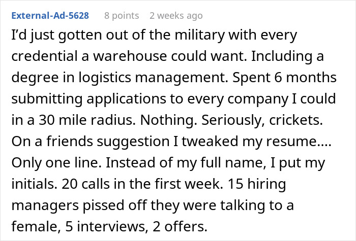 Alt text: Text post describing how changing name to a more white-sounding one led to more job offers after military service. Alt text: Text post describing how changing name to a more white-sounding one led to more job offers after military service.