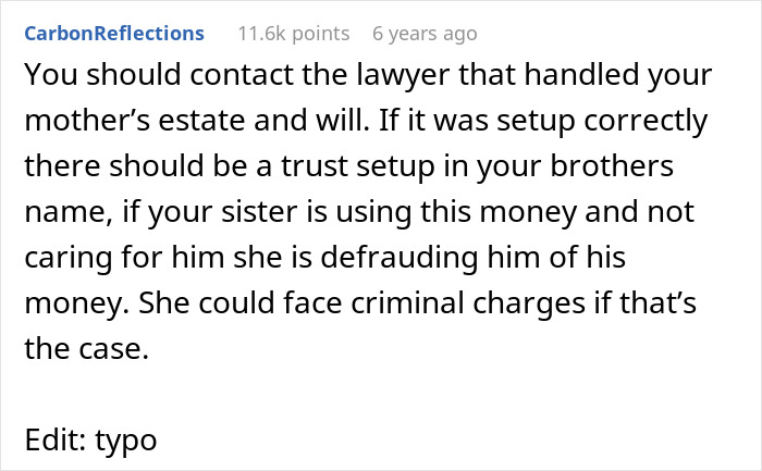 Text post discussing legal advice about a sister abandoning their autistic brother and possible criminal charges. Text post discussing legal advice about a sister abandoning their autistic brother and possible criminal charges.