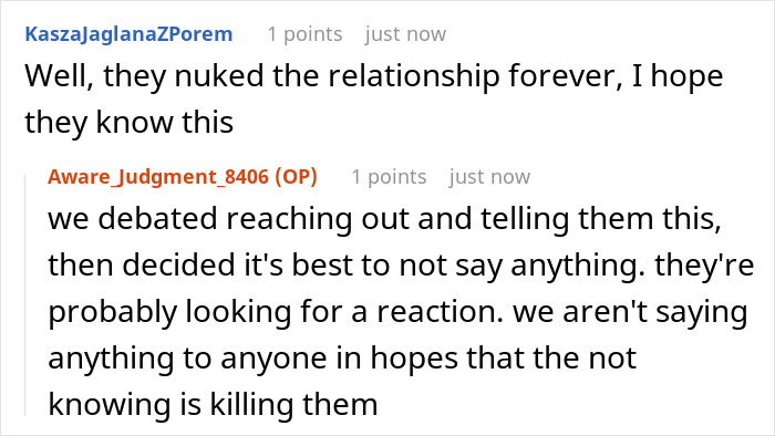 Text conversation about a couple banning toxic in-laws from visiting their newborn after threats of CPS involvement. Text conversation about a couple banning toxic in-laws from visiting their newborn after threats of CPS involvement.