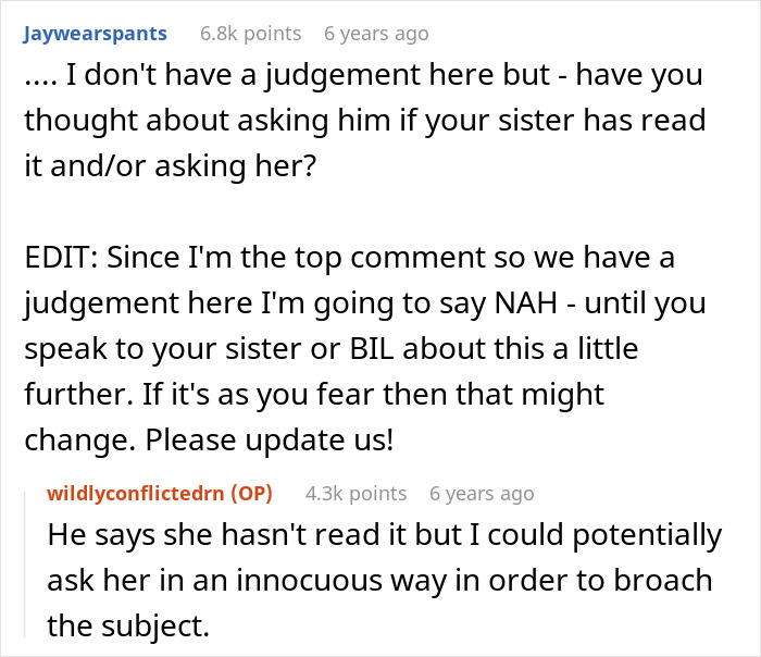 Reddit conversation about husband who thinks he married wrong sister and concerns of sister-in-law after reading book.