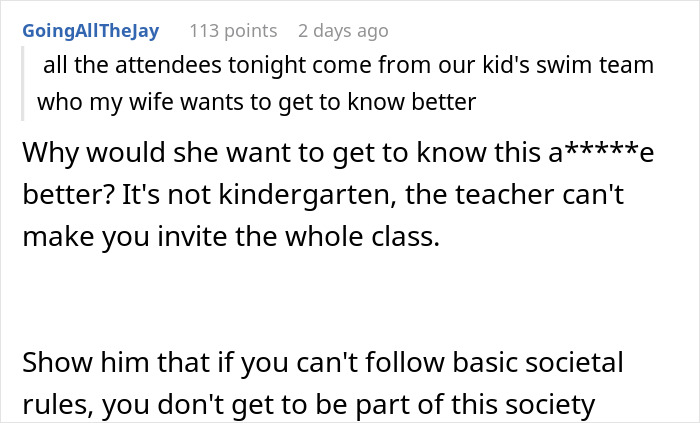 Comment discussing obnoxious dinner guest husband dreadful behavior related to swim team attendees at dinner. Comment discussing obnoxious dinner guest husband dreadful behavior related to swim team attendees at dinner.