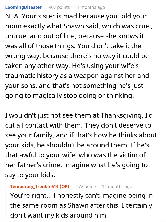 Screenshot of a Reddit discussion about a man getting banned from Thanksgiving after upsetting his brother-in-law’s wife with a controversial theory.