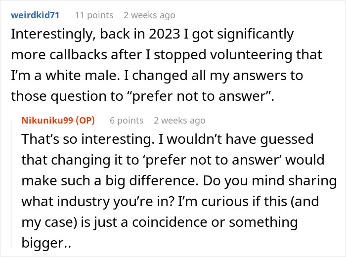 Screenshot of a Reddit conversation discussing job offers increasing after changing answers and name to a more white-sounding one. Screenshot of a Reddit conversation discussing job offers increasing after changing answers and name to a more white-sounding one.