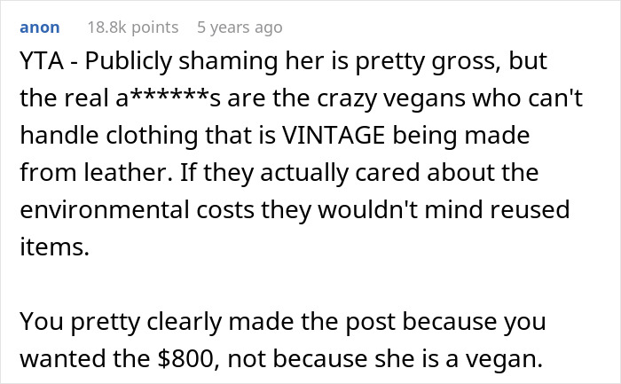 Comment discussing a woman planning to sell grandma’s leather shoes and her vegan sister wearing them. Comment discussing a woman planning to sell grandma’s leather shoes and her vegan sister wearing them.