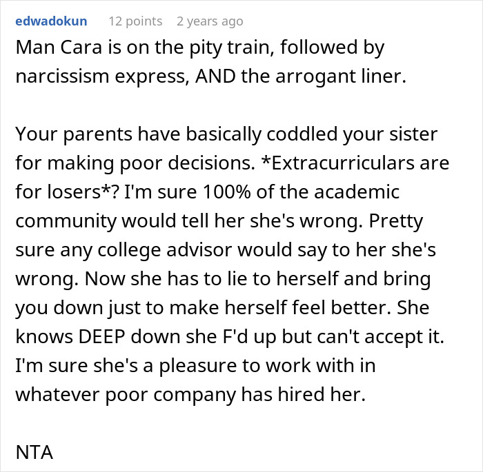 Text post on social media discussing golden child getting a reality check after sister’s college success. Text post on social media discussing golden child getting a reality check after sister’s college success.