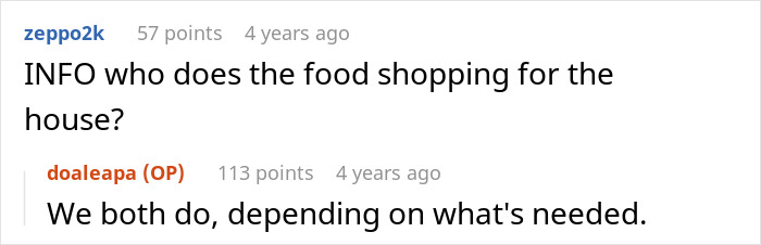 Screenshot of a Reddit conversation discussing food shopping responsibilities between a woman and her husband. Screenshot of a Reddit conversation discussing food shopping responsibilities between a woman and her husband.