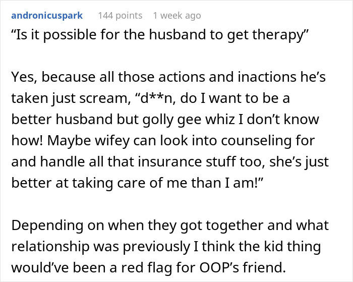 Comment discussing a husband avoiding caring for his wife after surgery and a friend considering exposing his behavior. Comment discussing a husband avoiding caring for his wife after surgery and a friend considering exposing his behavior.