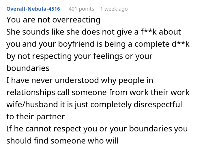 Comment criticizing a man’s disrespectful behavior toward his girlfriend over his work wife sending hearts and selfies. Comment criticizing a man’s disrespectful behavior toward his girlfriend over his work wife sending hearts and selfies.