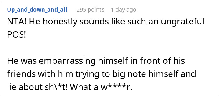 Screenshot of a forum comment calling out a boyfriend for being ungrateful after bragging about covering birthday trip expenses.