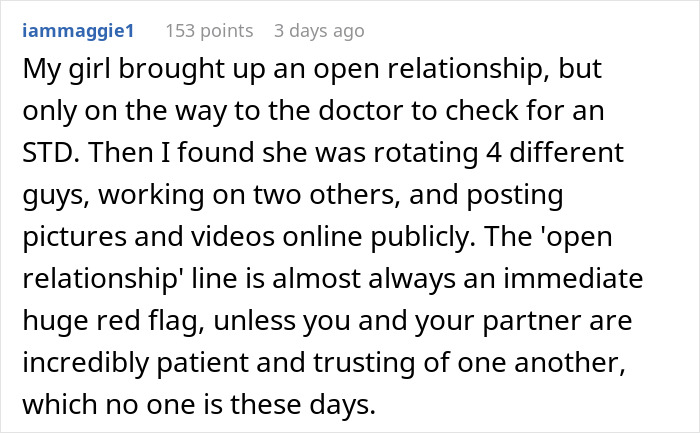 Screenshot of a Reddit comment discussing open marriage and relationship trust issues from a user named iammaggie1. Screenshot of a Reddit comment discussing open marriage and relationship trust issues from a user named iammaggie1.