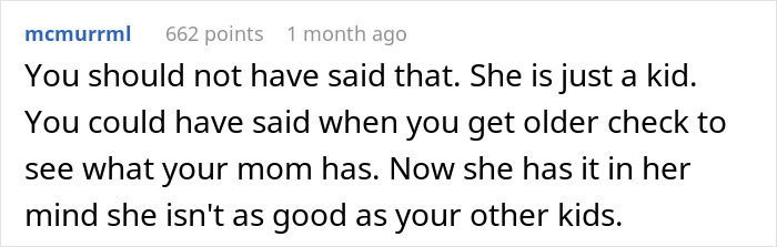 Screenshot of an online comment discussing a woman prioritizing her bio kid over her two stepdaughters for heirlooms. Screenshot of an online comment discussing a woman prioritizing her bio kid over her two stepdaughters for heirlooms.