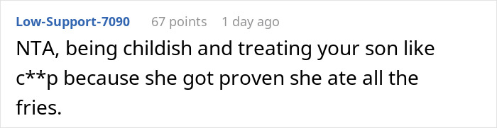 Screenshot of a Reddit comment discussing family drama after a man films his wife secretly to prove she eats all his fries. Screenshot of a Reddit comment discussing family drama after a man films his wife secretly to prove she eats all his fries.