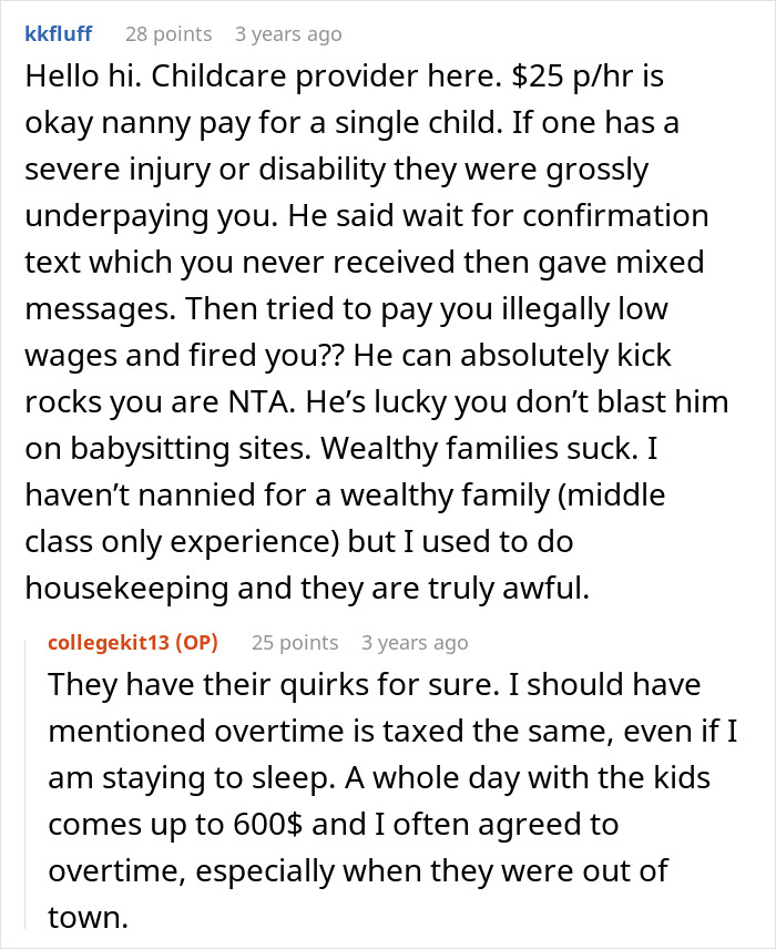 Comments discussing childcare providers facing unfair pay and wrongful firing by rude, rich families after a missed business trip.
