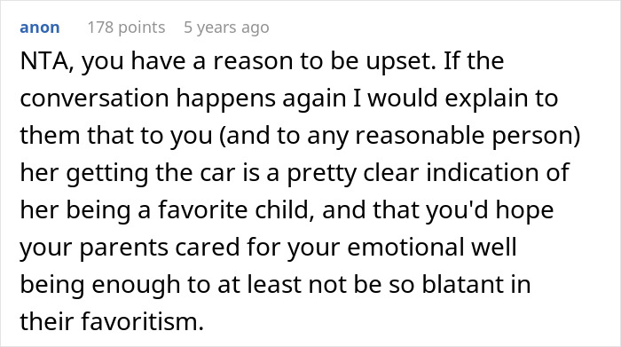 Reddit comment discussing parents gifting 17YO golden child a $25K car while older sibling gets a phone case.