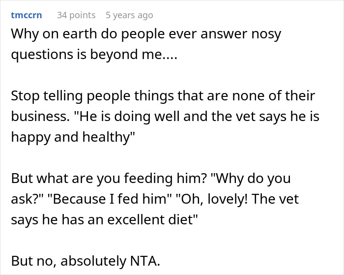 Comment discussing harassment experienced by a woman adopting a dog about name, food, and vet changes.