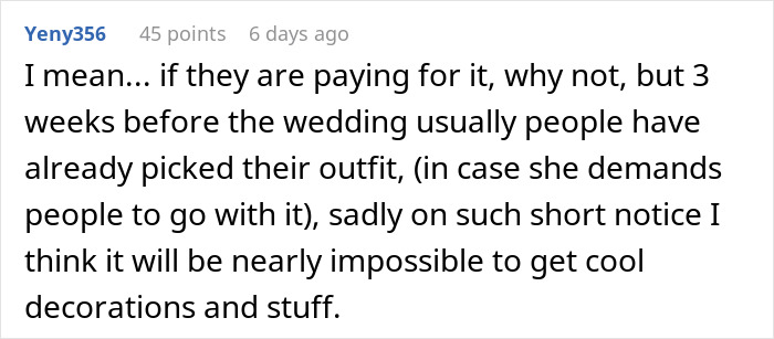 Comment discussing challenges of last-minute Star Wars themed wedding decorations three weeks before the event. Comment discussing challenges of last-minute Star Wars themed wedding decorations three weeks before the event.