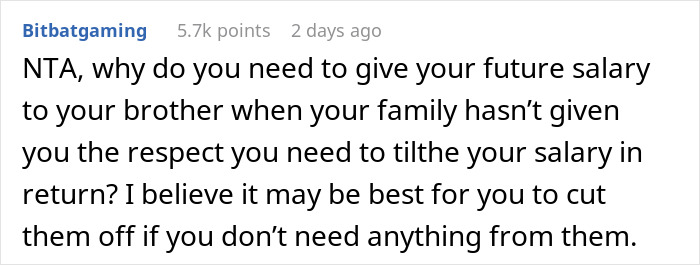 Screenshot of a Reddit comment discussing salary demands and family neglect in a sibling of autistic and epileptic brothers.