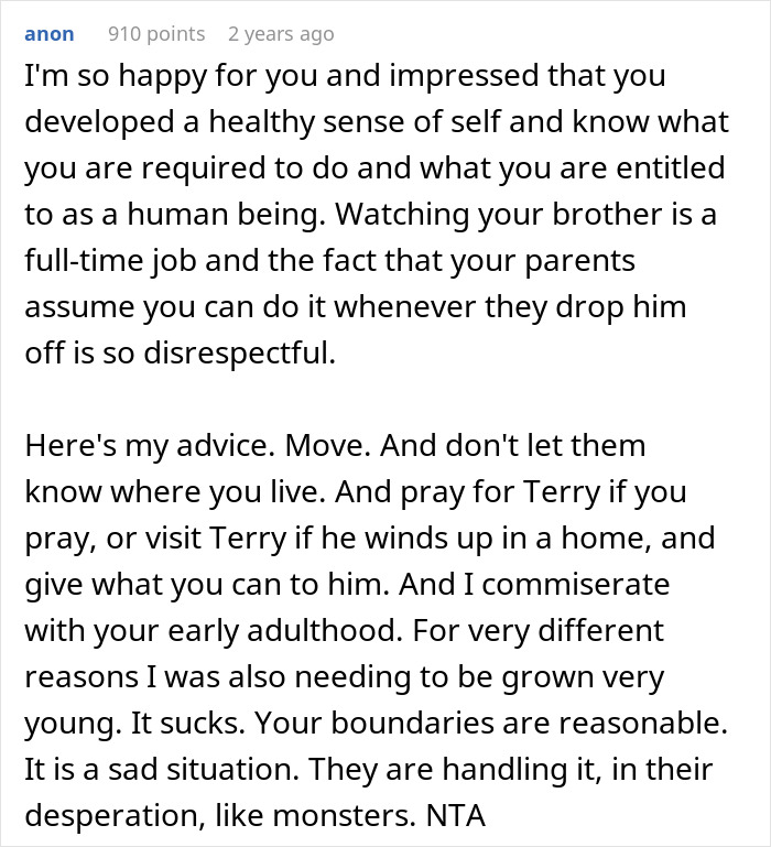 Comment expressing support for woman setting boundary about disabled brother’s care after latest drop-off incident. Comment expressing support for woman setting boundary about disabled brother’s care after latest drop-off incident.