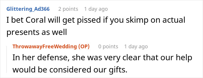 Screenshot of an online discussion about a bride planning an elaborate wedding without spending money, receiving mixed opinions. Screenshot of an online discussion about a bride planning an elaborate wedding without spending money, receiving mixed opinions.