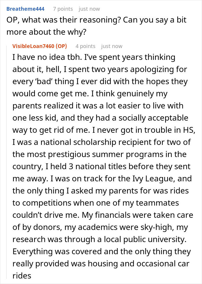 Reddit post text showing a teen sharing feelings of being dumped by parents at boarding school, still angry years later. Reddit post text showing a teen sharing feelings of being dumped by parents at boarding school, still angry years later.