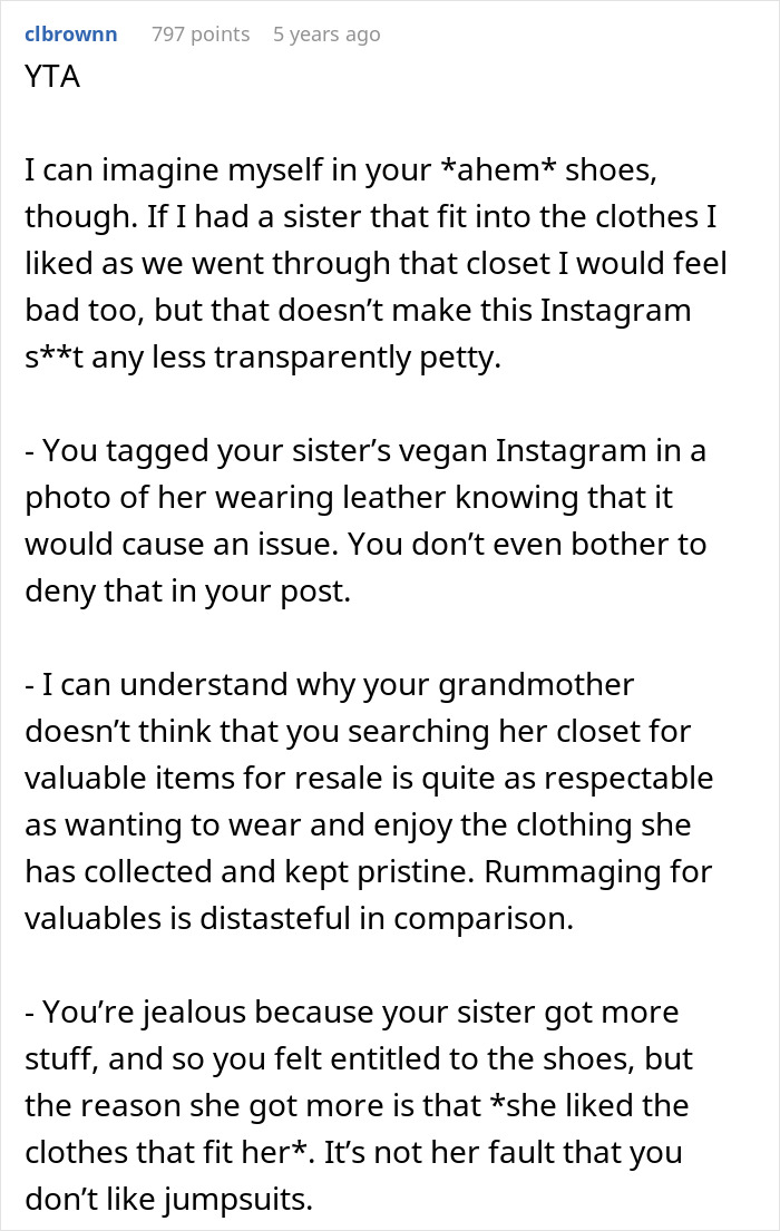 Woman plans to sell grandma’s leather shoes, with photo of vegan sister wearing them causing a family dispute. Woman plans to sell grandma’s leather shoes, with photo of vegan sister wearing them causing a family dispute.