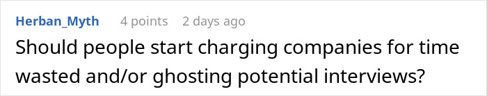 Screenshot of an online discussion about charging companies for time wasted in an AI-scored job interview in real time. Screenshot of an online discussion about charging companies for time wasted in an AI-scored job interview in real time.