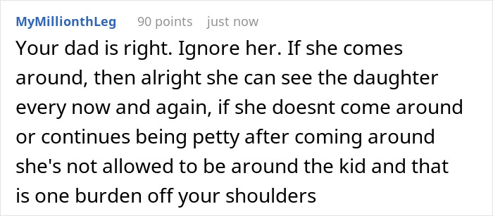 Comment discussing an entitled lady refusing to have a relationship with her grandkid or name the child.