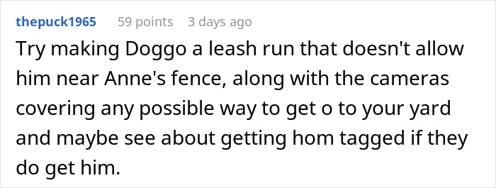 Comment about preventing dog theft by setting up a leash run and cameras to protect neighbor’s doggo. Comment about preventing dog theft by setting up a leash run and cameras to protect neighbor’s doggo.