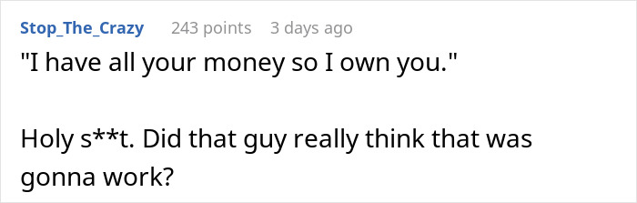 Screenshot of a social media comment discussing a boyfriend lying and extorting $13k from his girlfriend under false pretenses.