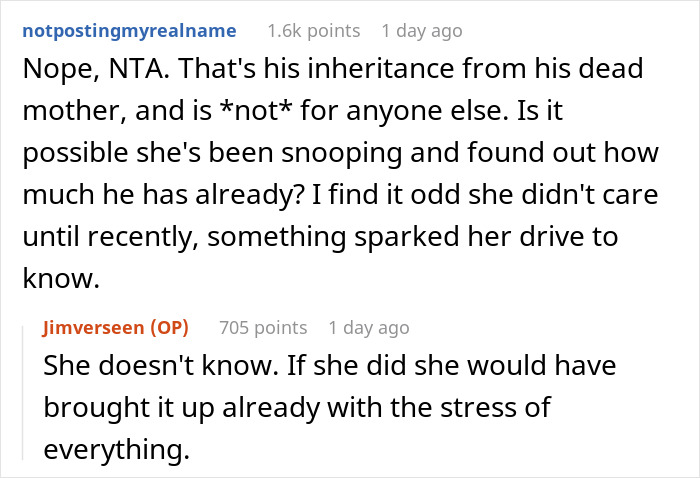 Reddit discussion about wife throwing tantrum over husband not revealing stepson's inheritance from late mother. Reddit discussion about wife throwing tantrum over husband not revealing stepson's inheritance from late mother.