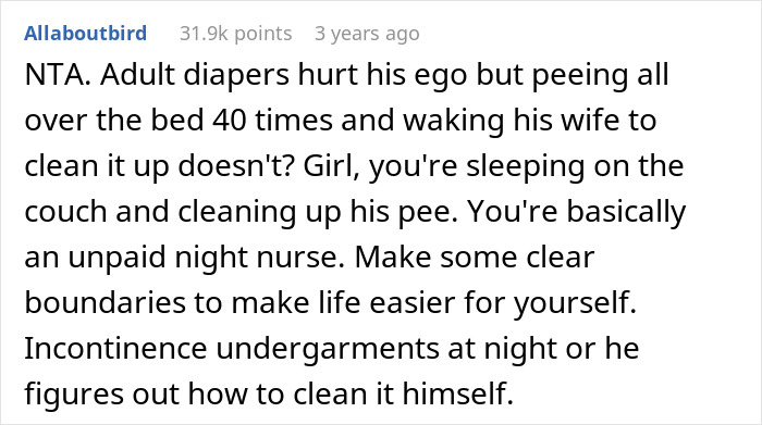 Comment discussing wife cleaning bed 40+ times and setting boundaries as husband refuses adult diapers or catheter. Comment discussing wife cleaning bed 40+ times and setting boundaries as husband refuses adult diapers or catheter.