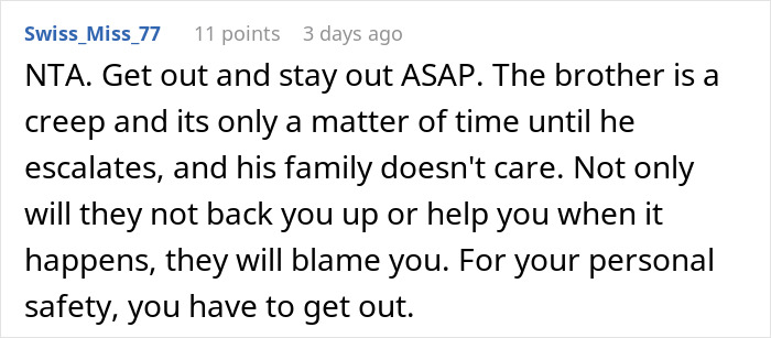 Comment warning about creepy brother-in-law and urging wife to leave, reflecting relationship troubles and family conflicts. Comment warning about creepy brother-in-law and urging wife to leave, reflecting relationship troubles and family conflicts.