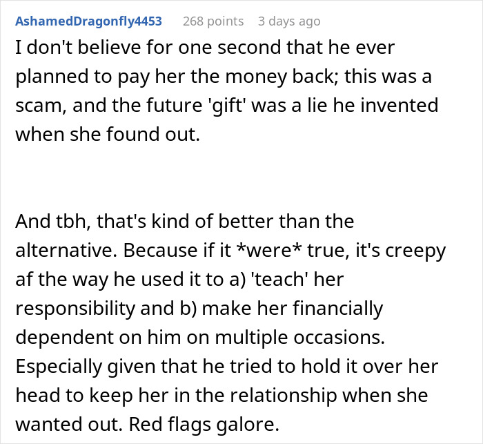 Online comment discussing a boyfriend lying and extorting $13k under the guise of rent, revealing relationship red flags.