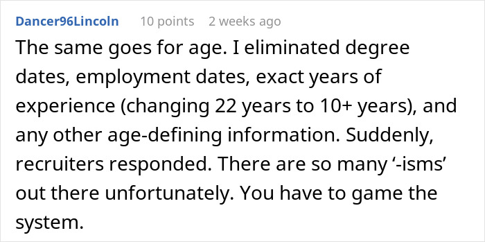 Comment text about eliminating age and experience details to get more recruiter responses, related to woman changing her name for job offers. Comment text about eliminating age and experience details to get more recruiter responses, related to woman changing her name for job offers.