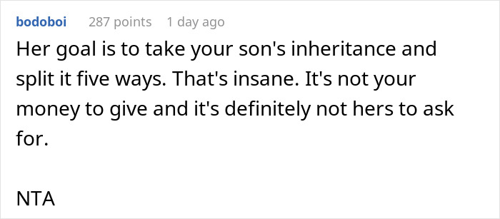 Screenshot of a social media comment discussing a wife throwing a tantrum over stepson's inheritance details. Screenshot of a social media comment discussing a wife throwing a tantrum over stepson's inheritance details.