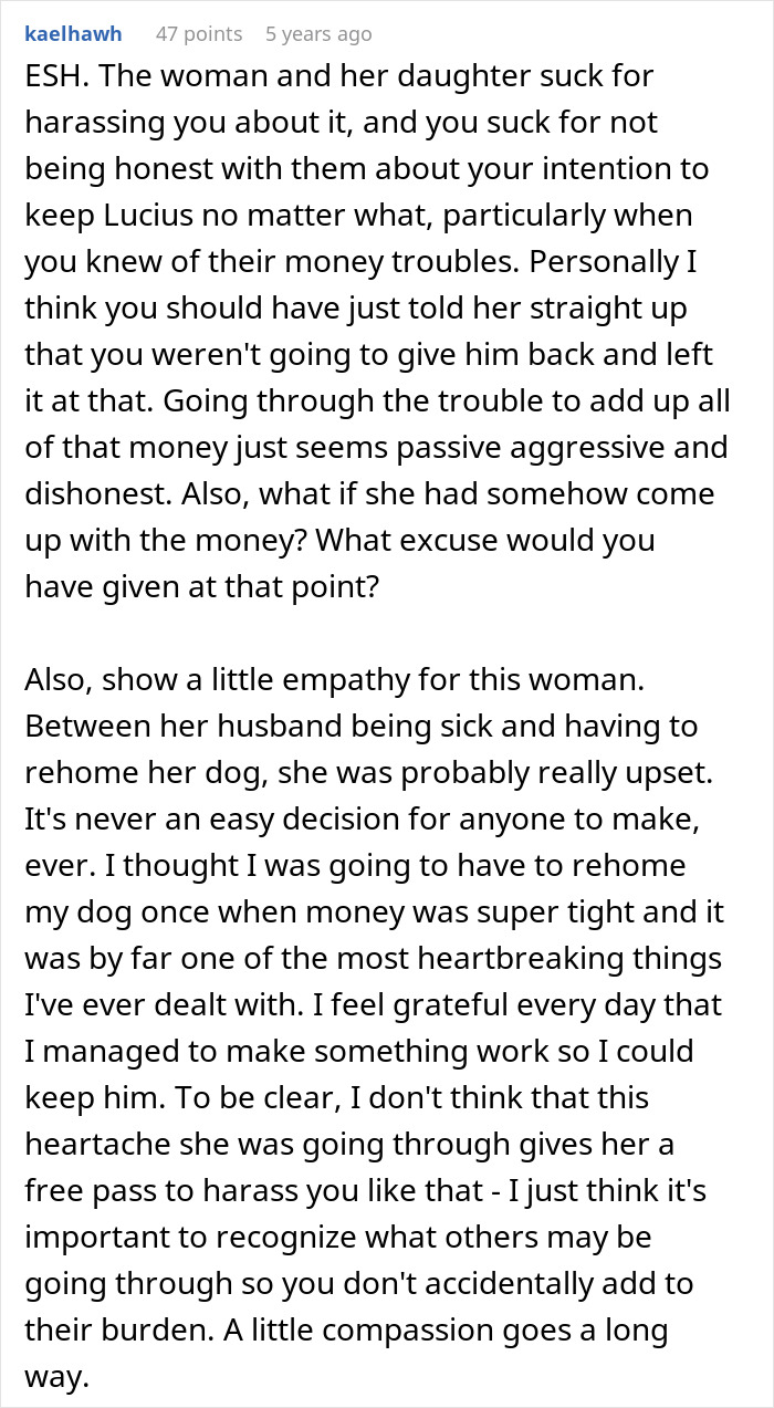 Screenshot of an online discussion about a woman adopting a dog and facing harassment from previous owners over name, food, and vet changes.