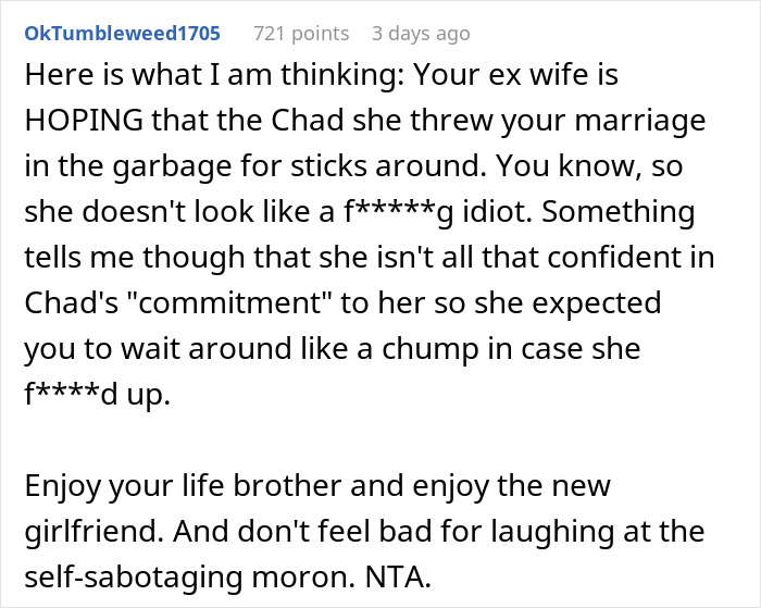 Comment discussing a wife who cheats, starts a new life with her lover, and criticizes her husband for dating again. Comment discussing a wife who cheats, starts a new life with her lover, and criticizes her husband for dating again.